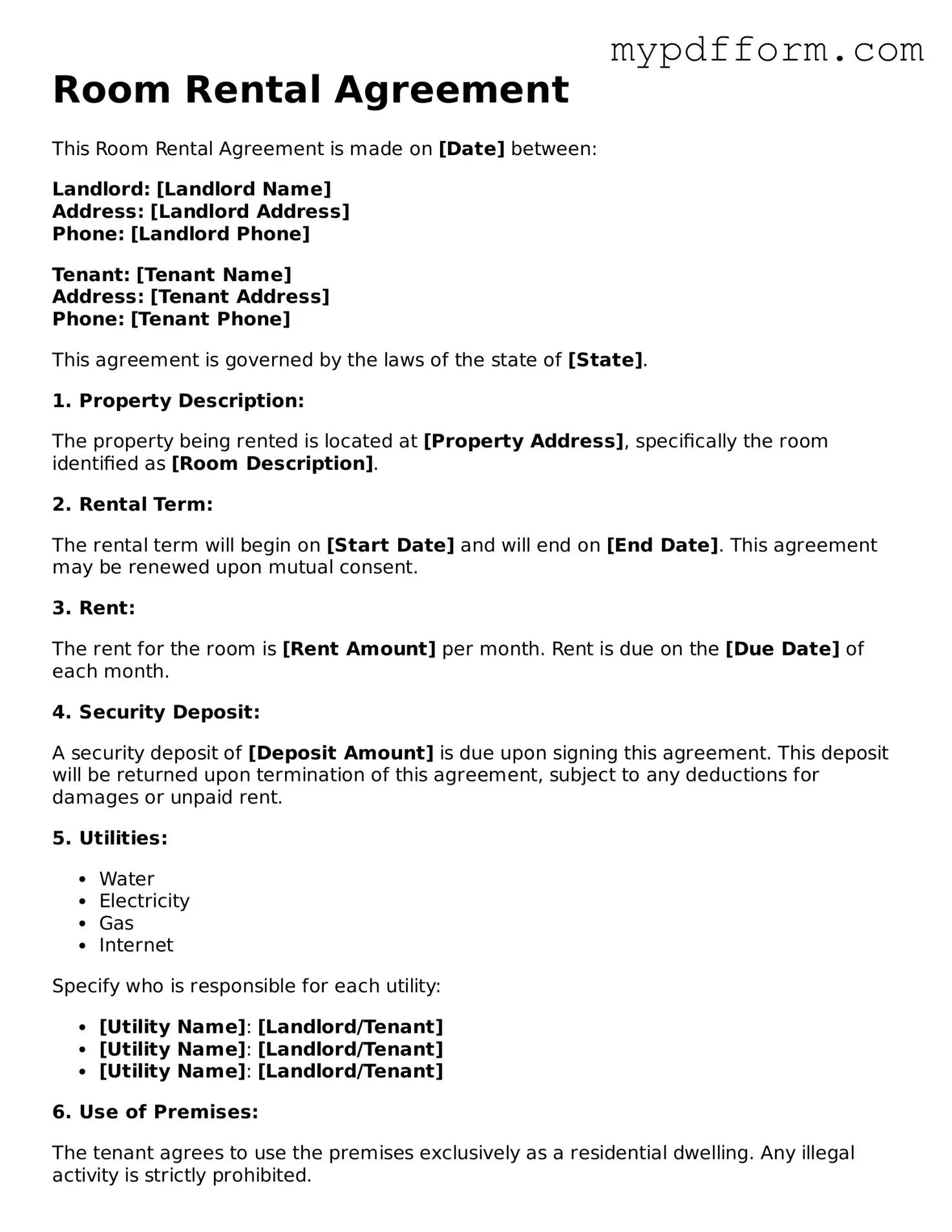 Fillable Room Rental Agreement Document