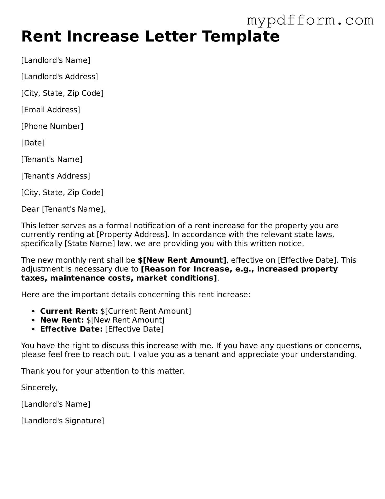 Fillable Rent Increase Letter Document