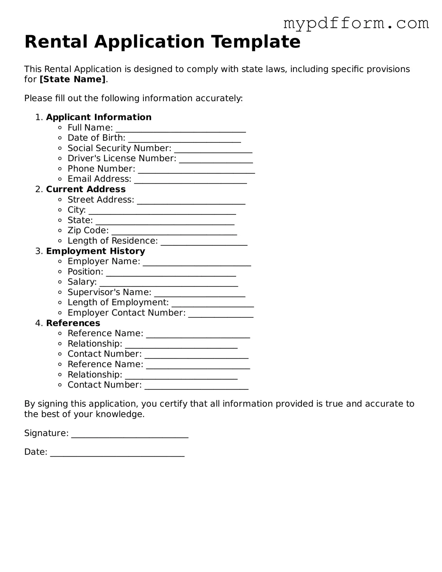 Fillable Rental Application Document