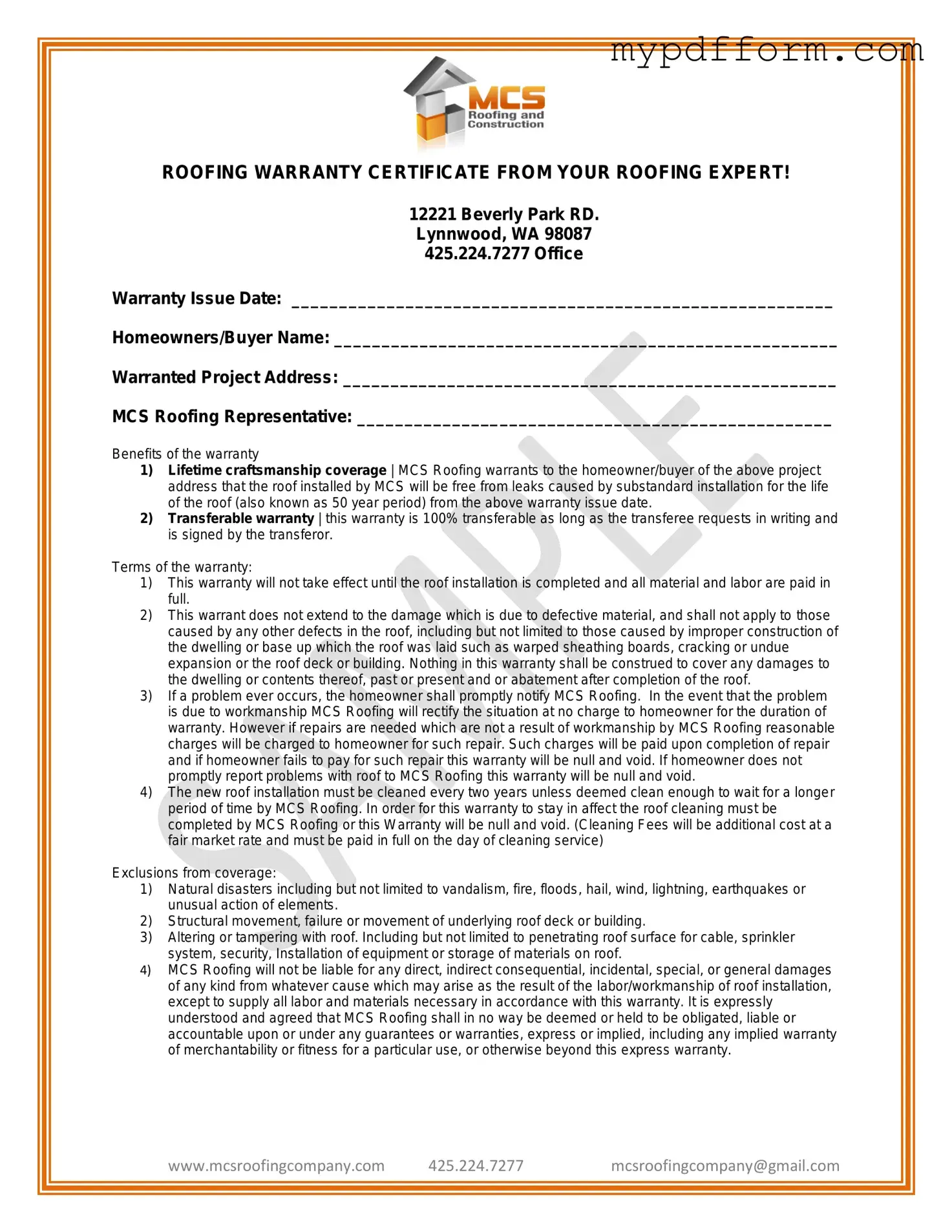 Fill in Your Roofing Warranty Certificate Form