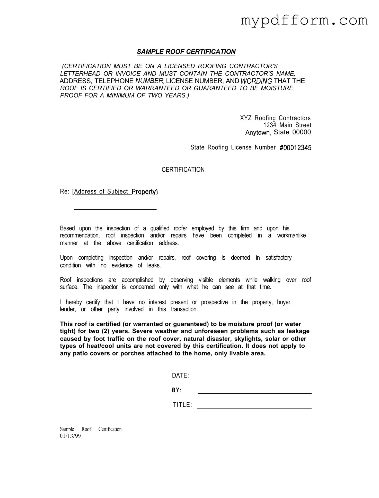 Fill in Your Sample Roof Certification Form