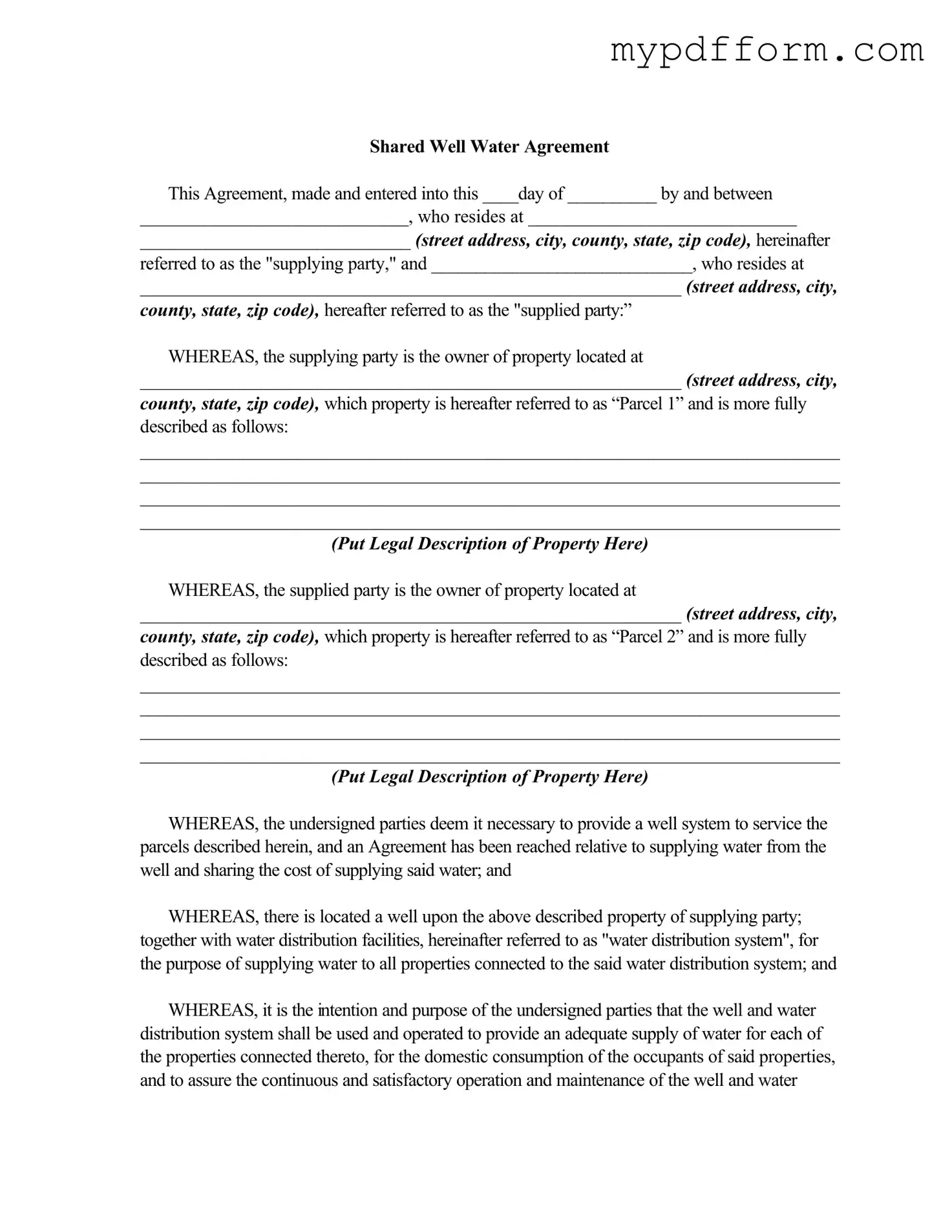 Fill in Your Shared Well Agreement Form