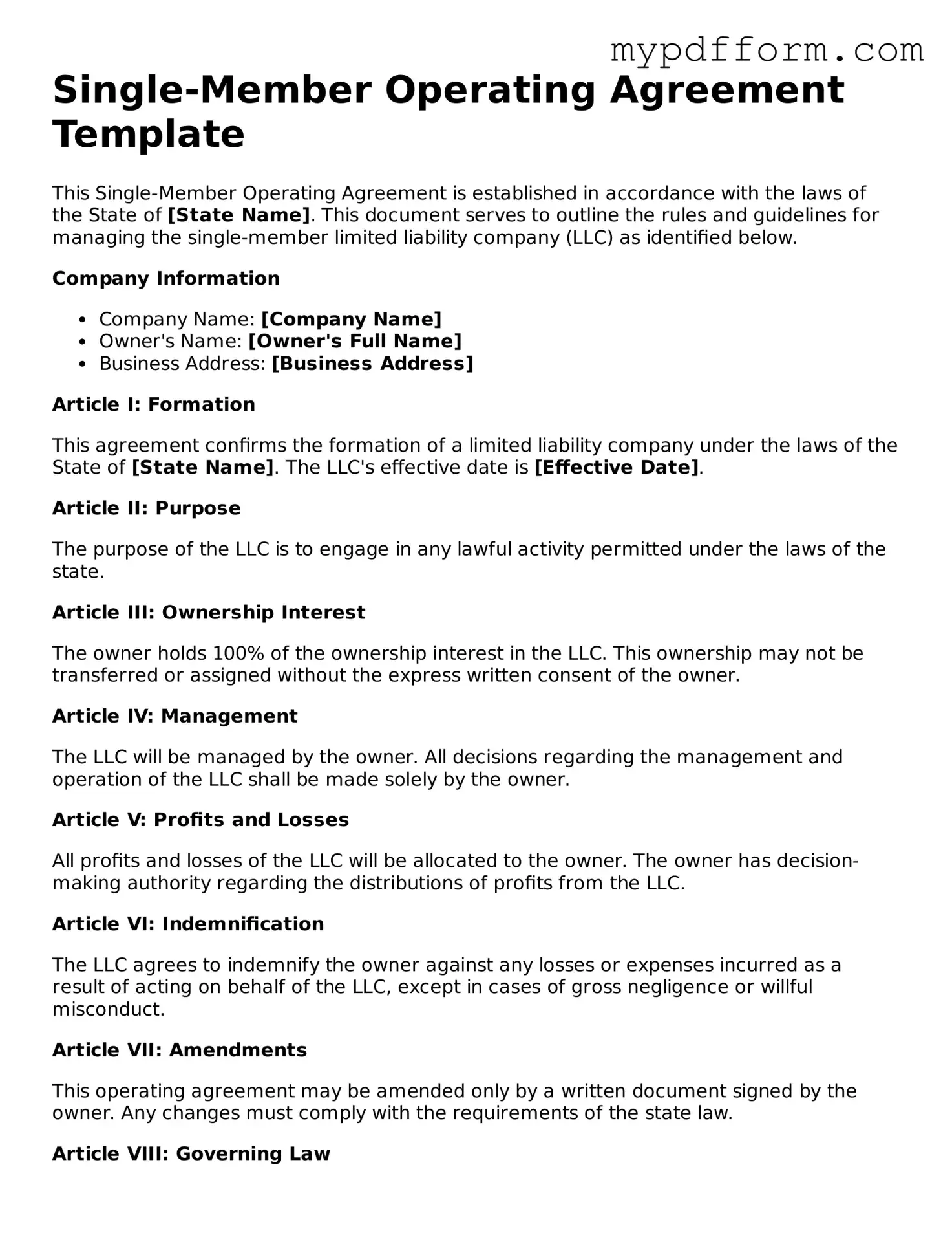 Fillable Single-Member Operating Agreement Document