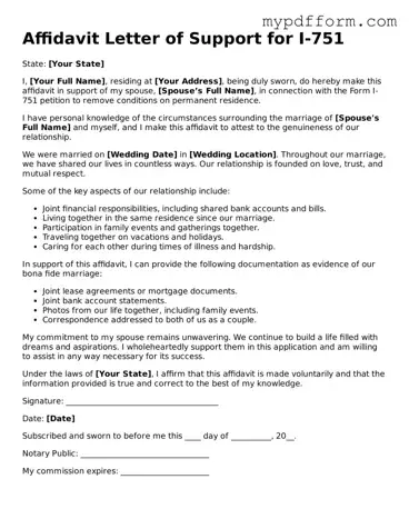 Fillable Affidavit Letter of Support for I-751 Document