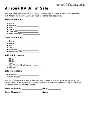 Valid  RV Bill of Sale Template for Arizona