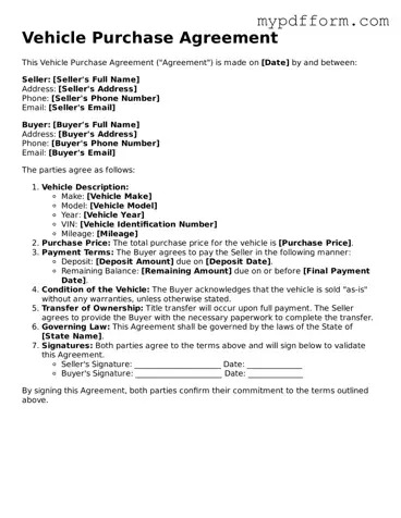 Fillable Vehicle Purchase Agreement Document