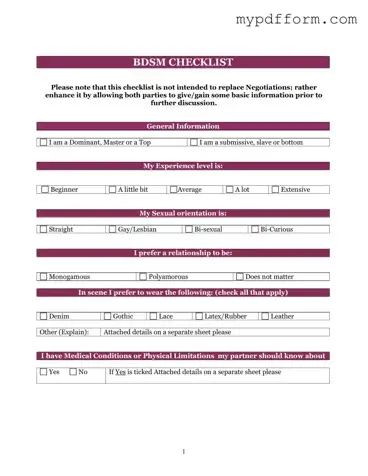 Fill in Your Bdsm Checklist Form