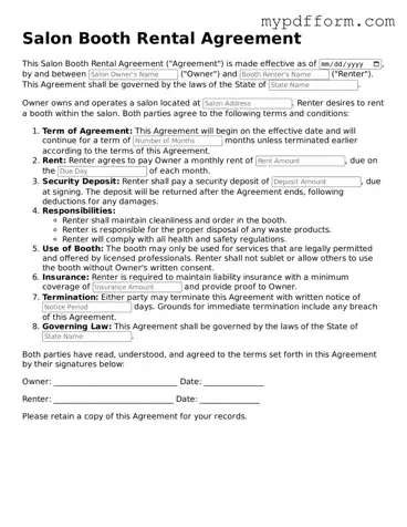 Fillable Salon Booth Rental Agreement Document