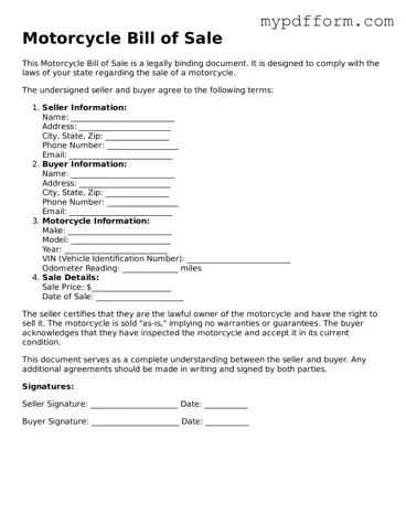Fillable Motorcycle Bill of Sale Document