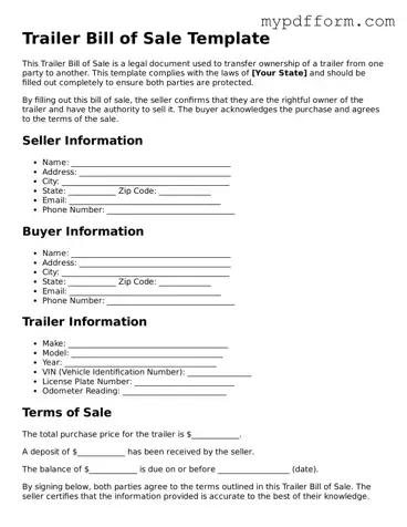Fillable Trailer Bill of Sale Document