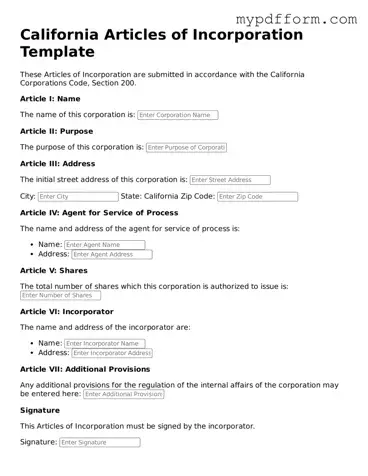 Valid  Articles of Incorporation Template for California
