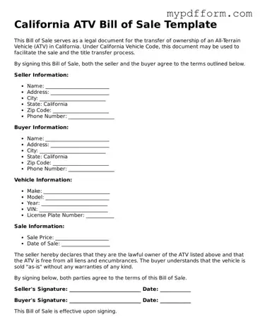 Valid  ATV Bill of Sale Template for California
