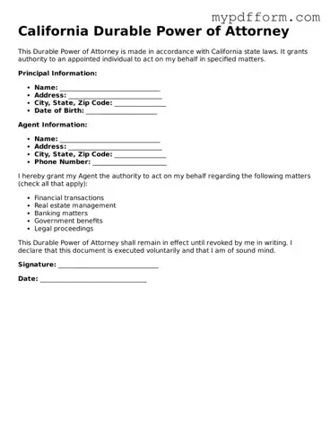 Valid  Durable Power of Attorney Template for California