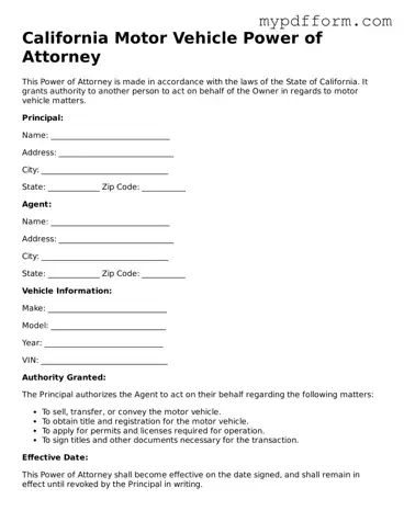 Valid  Motor Vehicle Power of Attorney Template for California