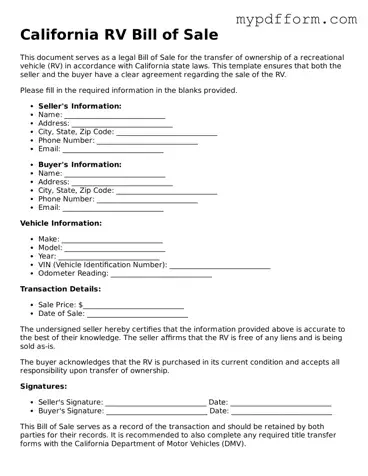 Valid  RV Bill of Sale Template for California