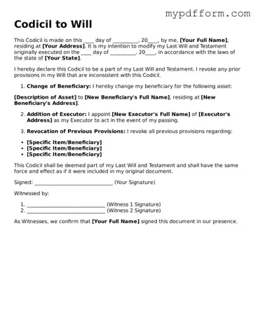 Fillable Codicil to Will Document