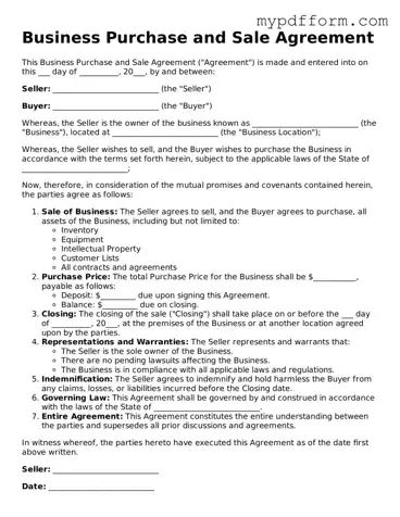 Fillable Business Purchase and Sale Agreement Document