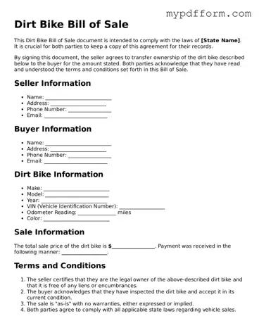 Fillable Dirt Bike Bill of Sale Document