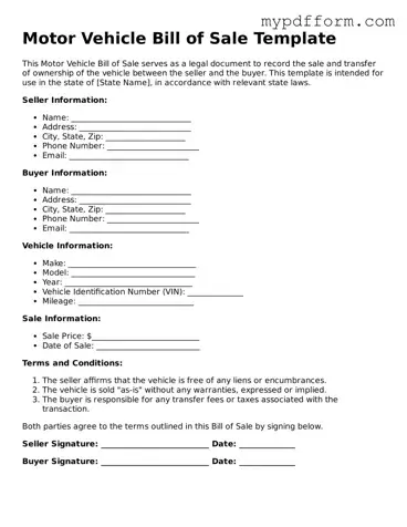 Fillable Motor Vehicle Bill of Sale Document