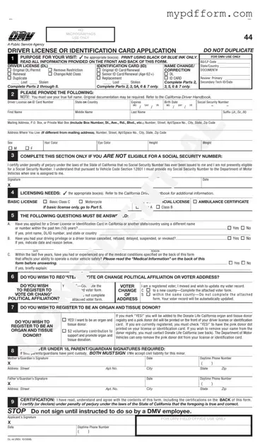 Fill in Your Ca Dmv Dl 44 Form
