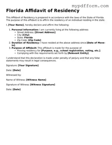 Valid  Affidavit of Residency Template for Florida