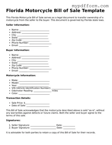 Valid  Motorcycle Bill of Sale Template for Florida
