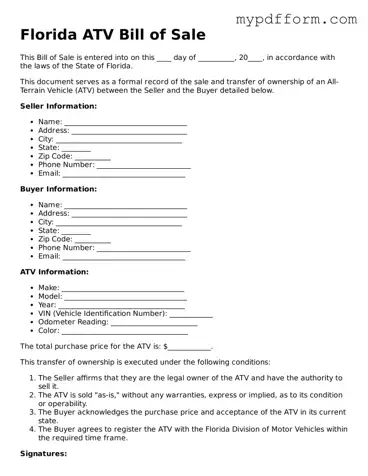 Valid  ATV Bill of Sale Template for Florida