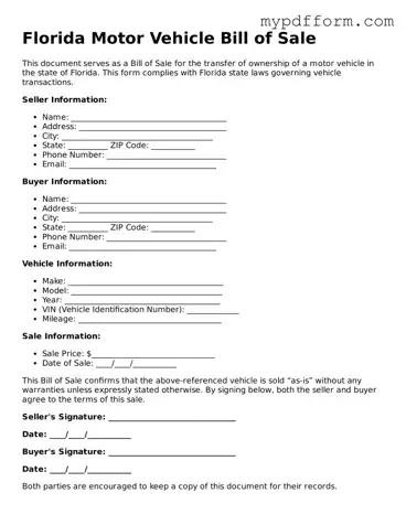 Valid  Motor Vehicle Bill of Sale Template for Florida