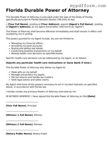 Valid  Durable Power of Attorney Template for Florida