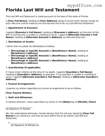 Valid  Last Will and Testament Template for Florida