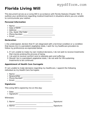 Valid  Living Will Template for Florida
