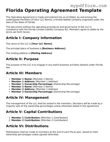 Valid  Operating Agreement Template for Florida
