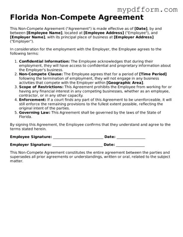 Valid  Non-compete Agreement Template for Florida