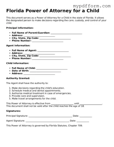 Valid  Power of Attorney for a Child Template for Florida
