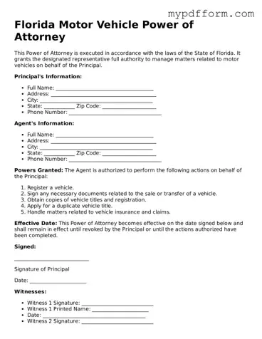 Valid  Motor Vehicle Power of Attorney Template for Florida