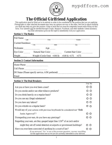 Fill in Your Girlfriend Application Form