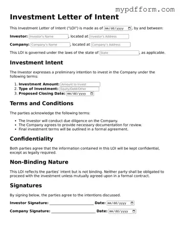 Fillable Investment Letter of Intent Document