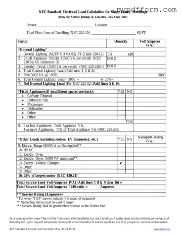 Fill in Your LADBS NEC Standard Electrical Load Calculation Form