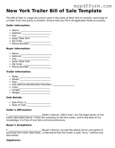 Valid  Trailer Bill of Sale Template for New York