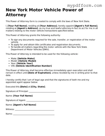 Valid  Motor Vehicle Power of Attorney Template for New York