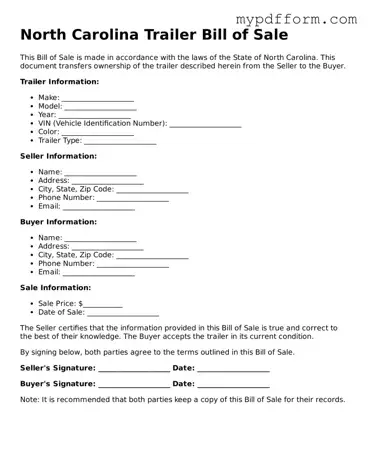 Valid  Trailer Bill of Sale Template for North Carolina