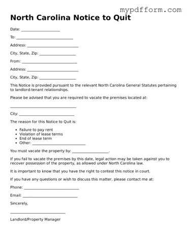 Valid  Notice to Quit Template for North Carolina