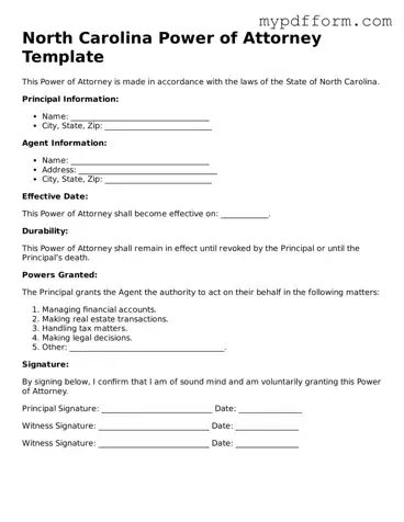 Valid  Power of Attorney Template for North Carolina