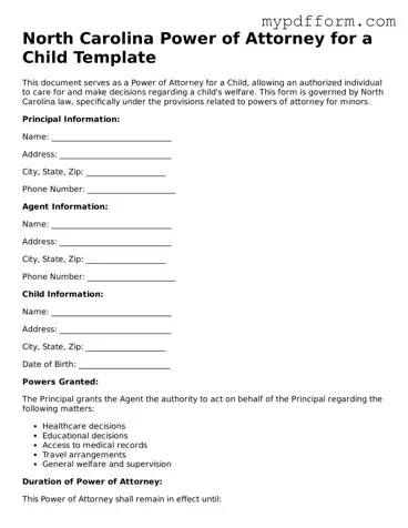 Valid  Power of Attorney for a Child Template for North Carolina
