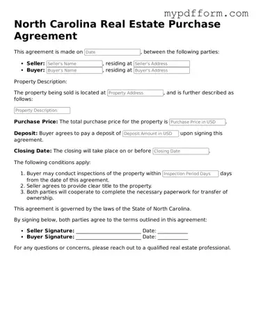 Valid  Real Estate Purchase Agreement Template for North Carolina