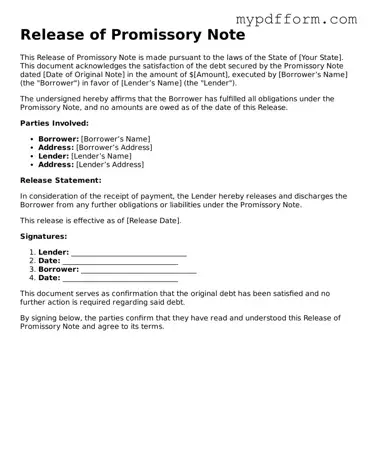 Fillable Release of Promissory Note Document