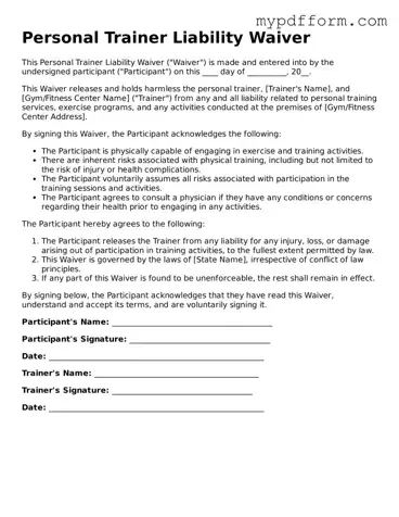 Fillable Personal Trainer Liability Waiver Document