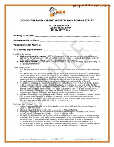 Fill in Your Roofing Warranty Certificate Form