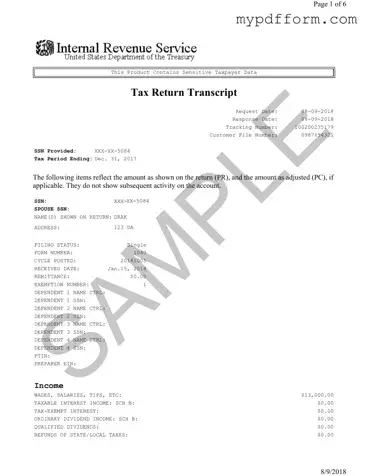 Fill in Your Sample Tax Return Transcript Form