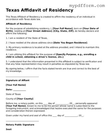 Valid  Affidavit of Residency Template for Texas